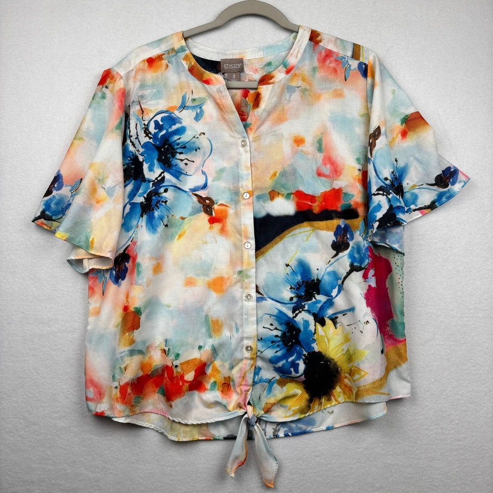 Chicos Blouse Womens Size 3 XL Watercolor Floral Tie Front Short Sleeve
